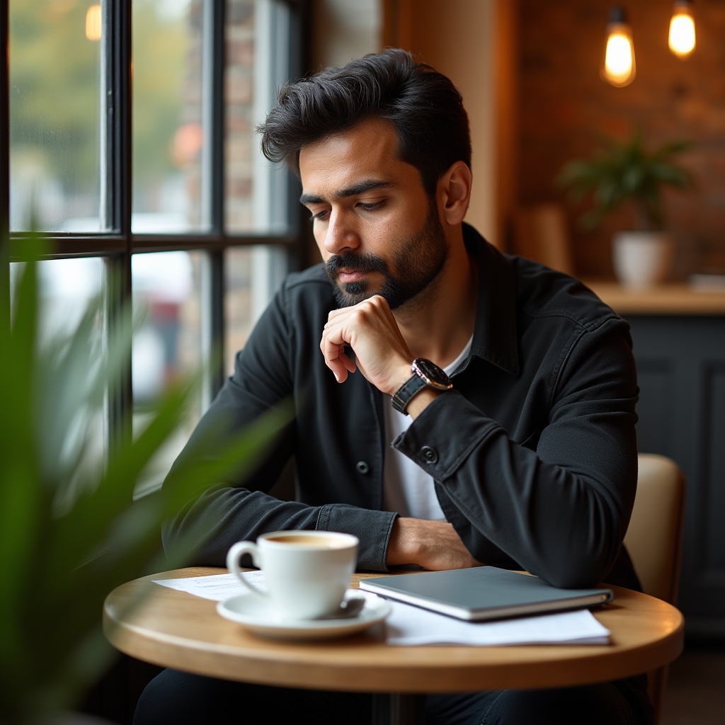 Person reviewing a receipt at a cafe table, thoughtfully considering recent purchases