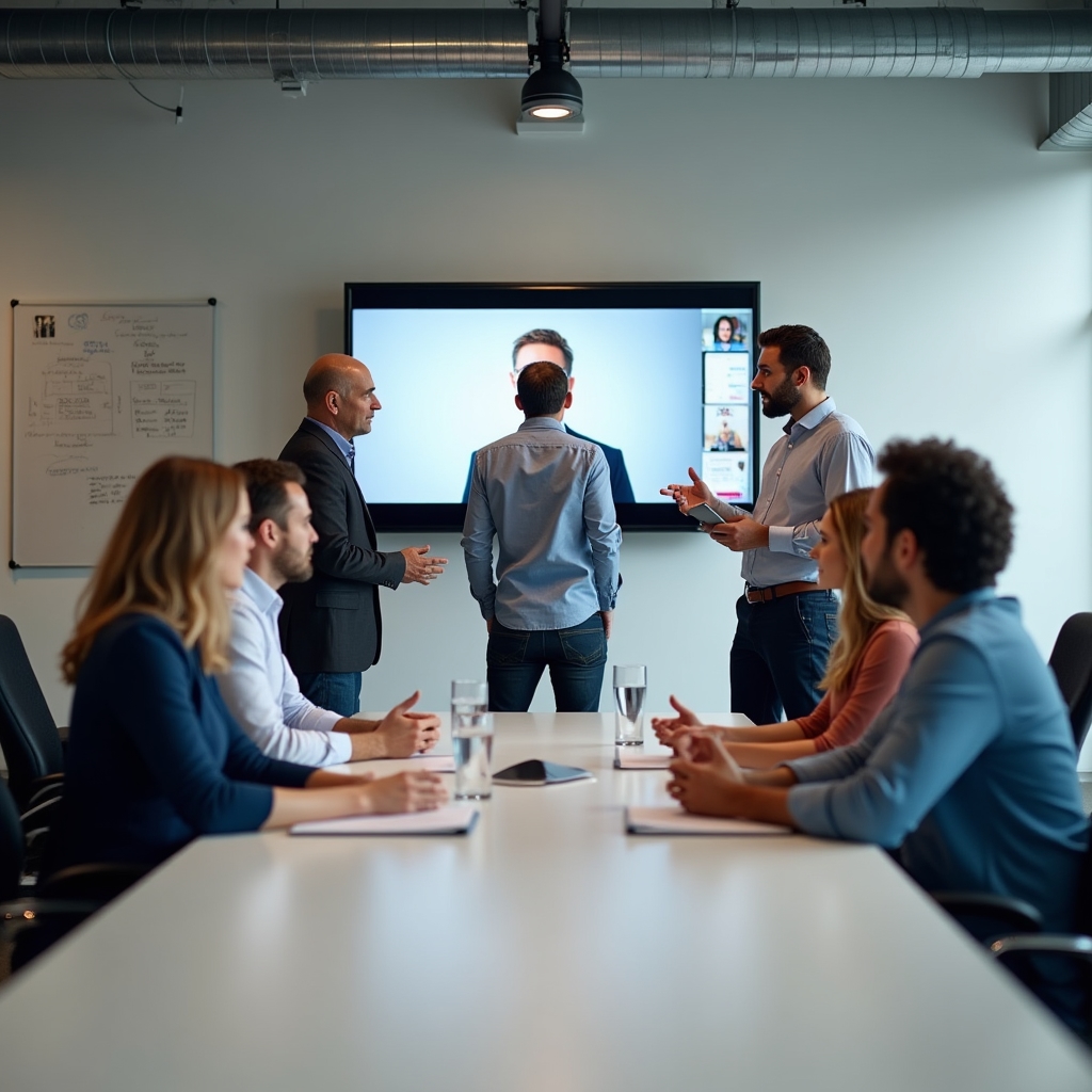 Team of colleagues gathered around a large monitor watching an online webinar together in a modern office