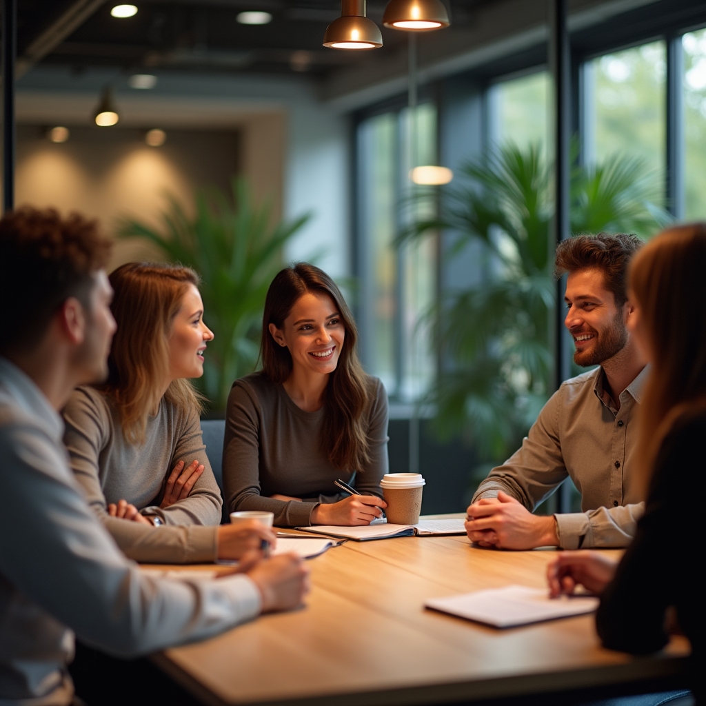 Small group of adults engaged in an animated discussion around a table, workshop setting with notebooks and coffee cups